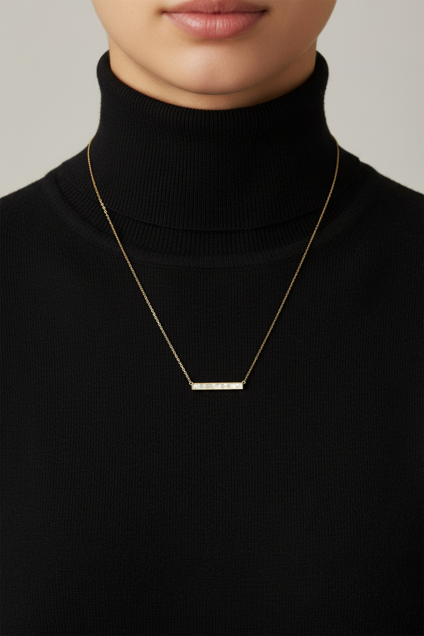 Synthetic White Opal Bar Necklace 14K Gold Plated 925 Sterling Silver 16+2"