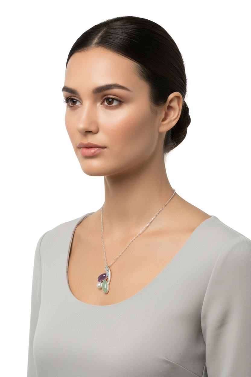 Moonstone Pearl Chalcedony Necklace 925 Silver 34mm Pendant 18 Inch