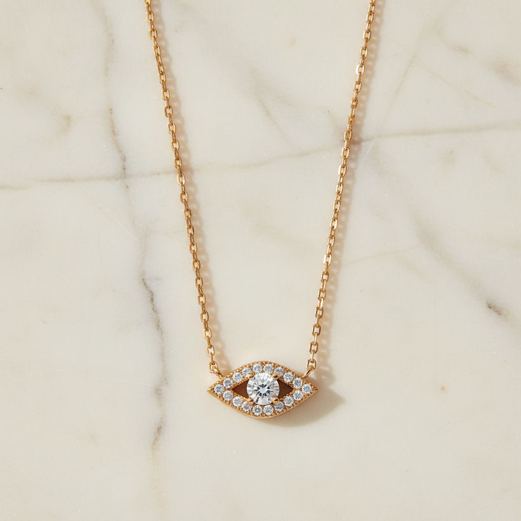 14 Karat Gold Plated Sterling Silver Evil Eye Pendant Necklace with CZ Accents, 16 Inch Chain with 2 Inch Extension