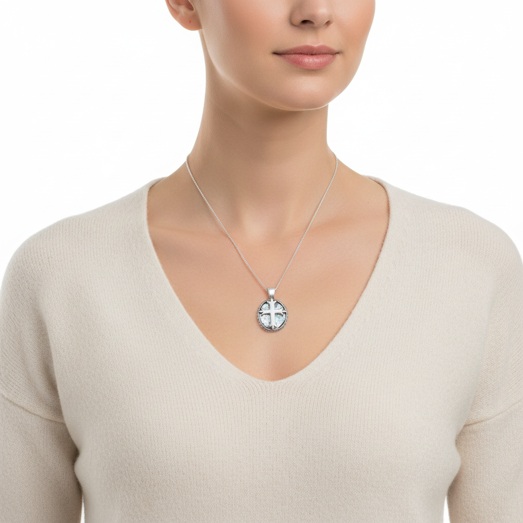 Roman Glass Cross Necklace - Sterling Silver Ancient Glass Pendant