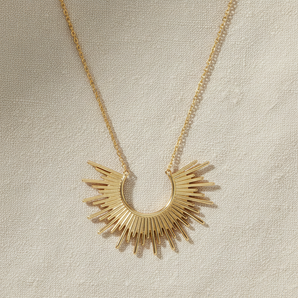 Sunburst Necklace 14K Gold Plated 925 Sterling Silver 1.75x1.25 Inch 16+2 Inch
