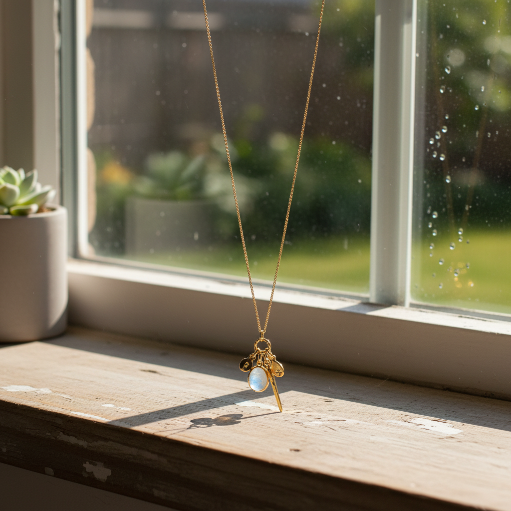 14 Karat Gold Plated Sterling Silver Charm Drop Necklace, Rainbow Moonstone, CZ Accents, Hammered Disks, 26 Inch Chain