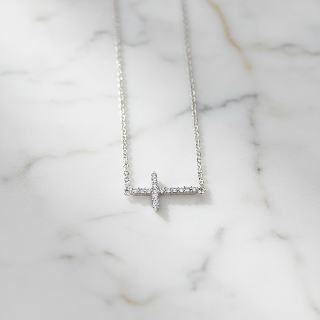 Sterling Silver Sideways Cross Necklace, Rhodium Plated, CZ, 16 Inch Chain with 2 Inch Extension