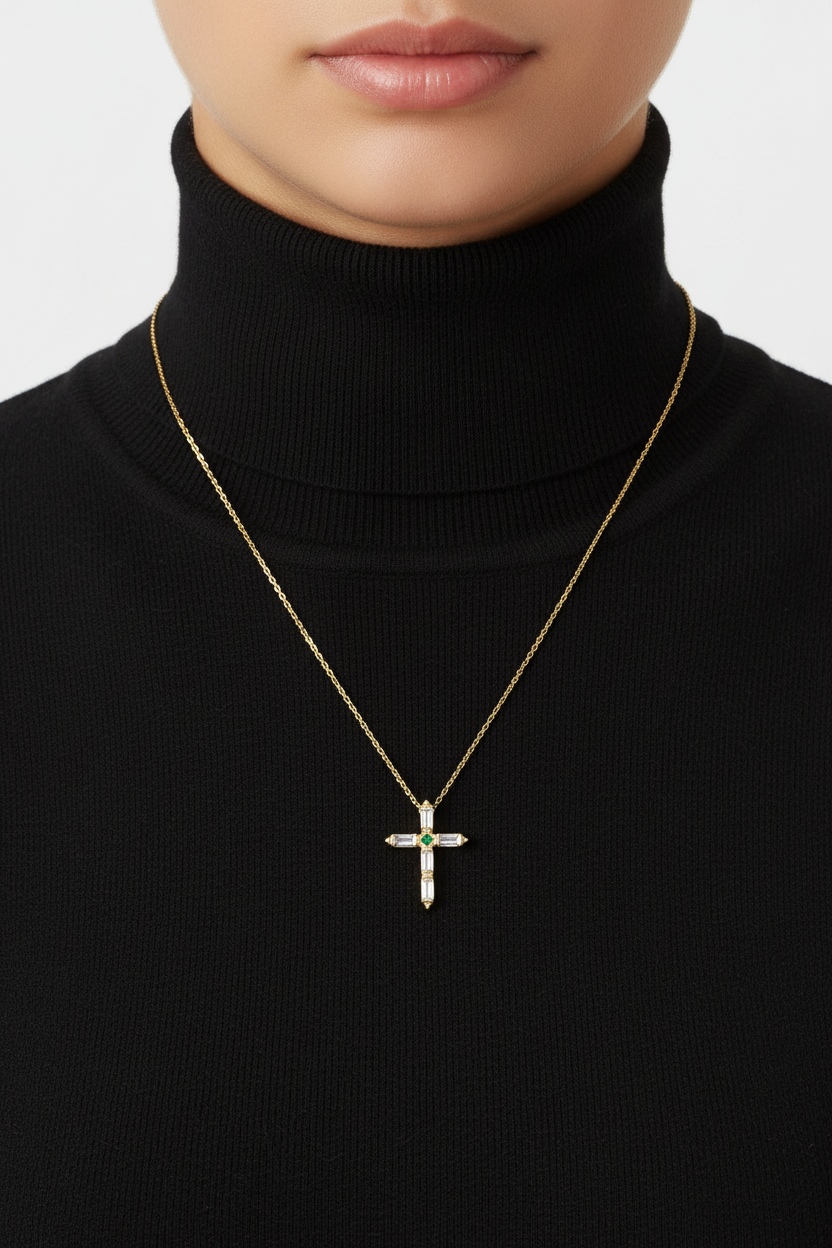 Sterling Silver Cross Pendant Necklace with White Baguette CZ, Green Center Stone, 16+2 Inch Gold Plated Chain