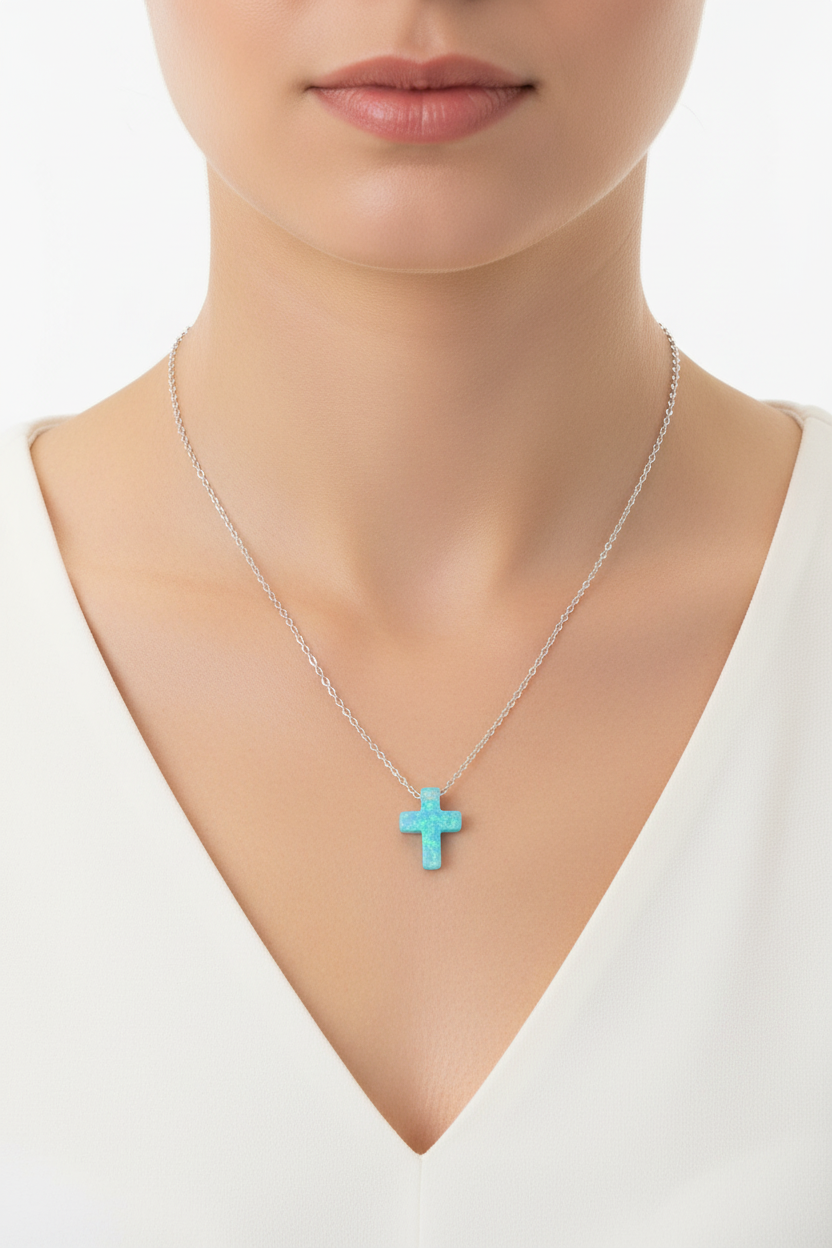 Opal Cross Necklace Rhodium 925 Sterling Silver Blue Synthetic 9mm 16+2