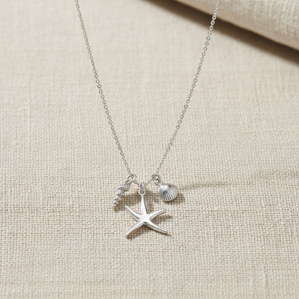 Starfish Shell Charm Necklace Rhodium 925 Silver 3D Made in Italy 16in