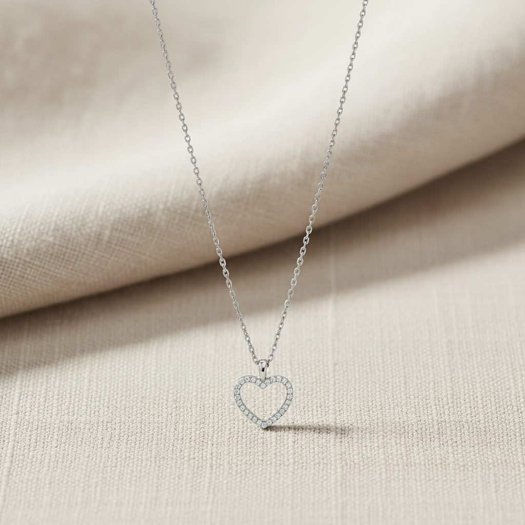 CZ Outline Heart Necklace Rhodium 925 Sterling Silver 12mm 16+2