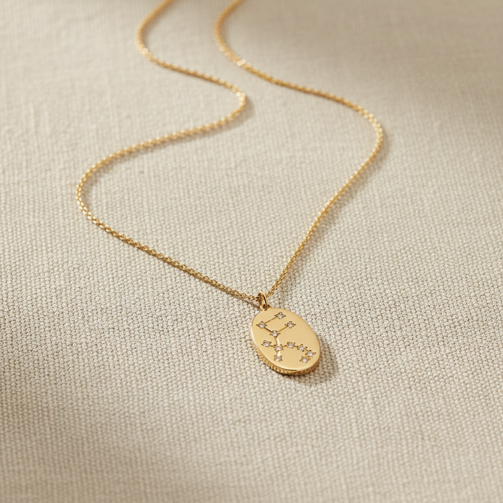 Aquarius Zodiac Constellation Oval Coin Necklace, 16 Inch Chain with 2 Inch Extender, Celestial Astrology Jewelry