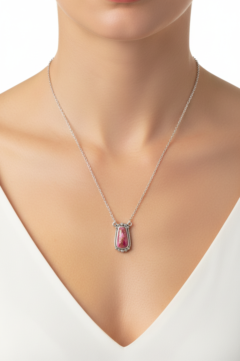 Pink Spiny Oyster Necklace Oxidized 925 Silver 14mm Rope Bead 18+2