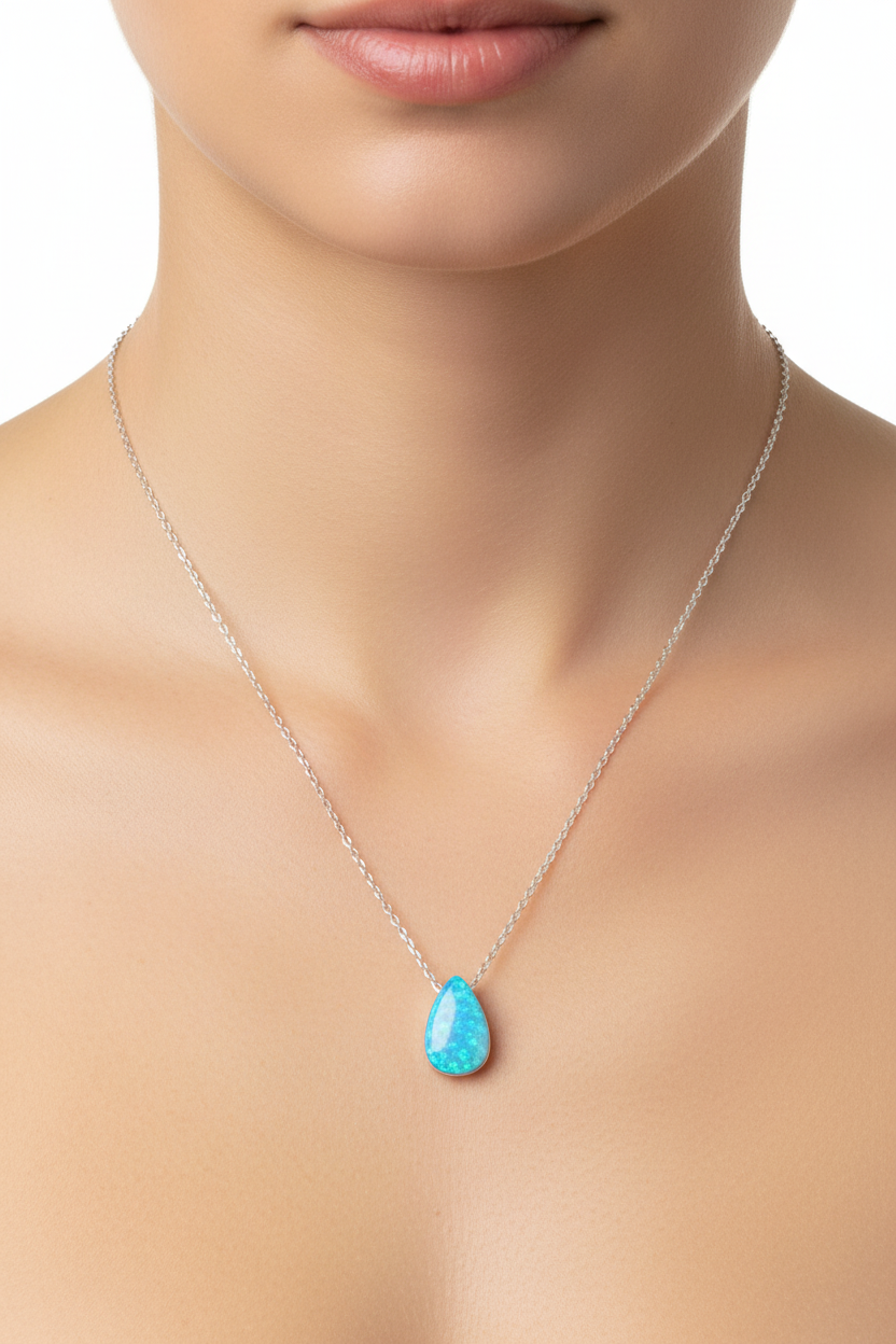 Opal Pear Drop Necklace Rhodium 925 Silver Blue Synthetic 9x12mm 16+2