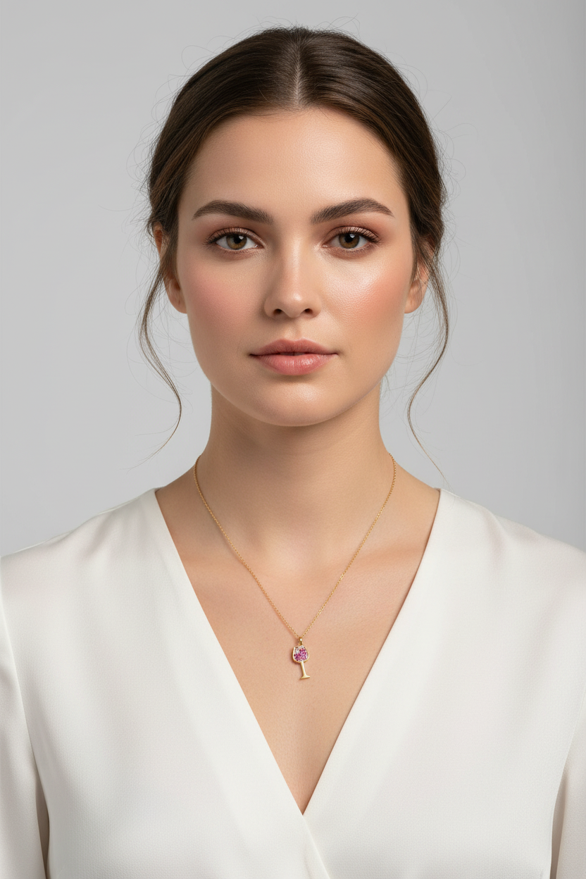 14 Karat Gold Plated Sterling Silver Wine Glass Charm Necklace, Red and White CZ Pave, 16 Inch Cable Chain with Extensions