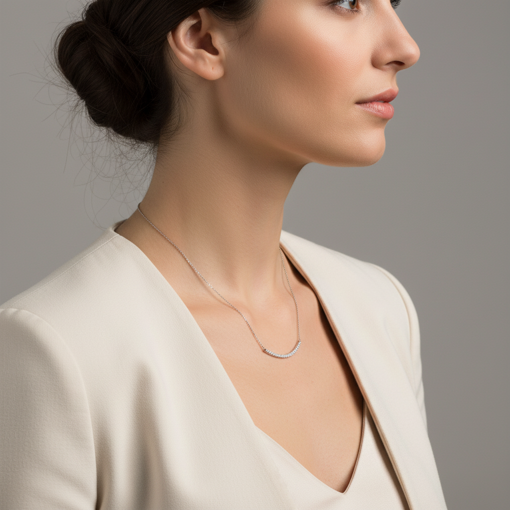 Sterling Silver Curved CZ Bar Necklace, Rhodium Plated, 18 Inch with 2 Inch Extension, Lobster Clasp