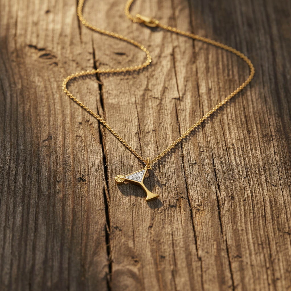 14 Karat Gold Plated Sterling Silver Martini Glass Charm Necklace with CZ, 16 Inch Cable Chain, Cocktail Pendant