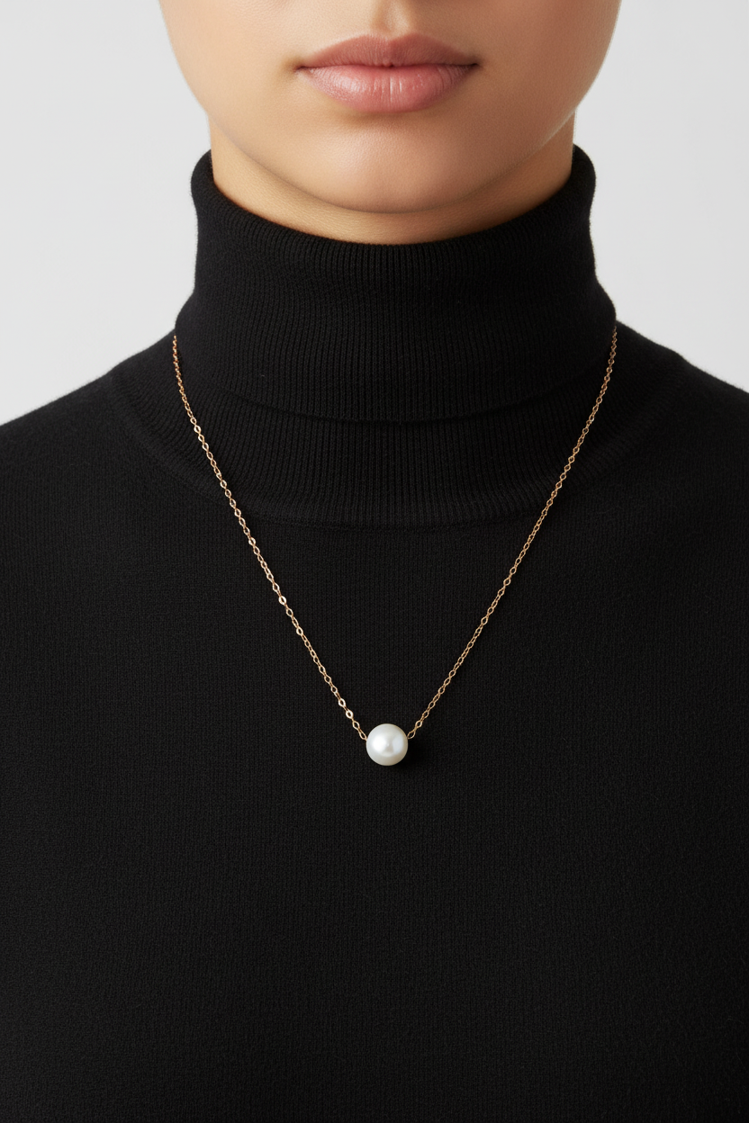 Cultured Freshwater Floating Pearl Necklace Solid 14K Yellow Gold 9-9.5mm 16"