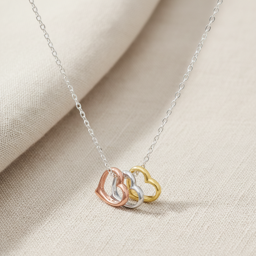 Tri Tone Heart Necklace Yellow Rose Gold Plated 925 Sterling Silver 9mm 15.75+2"