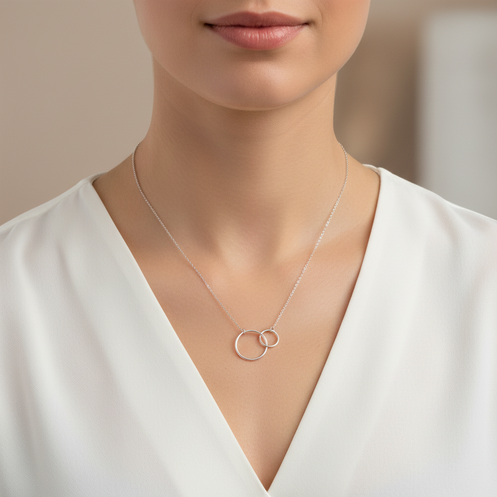Circle Link Necklace Rhodium Plated 925 Sterling Silver 10mm 16mm 16+2 Inch