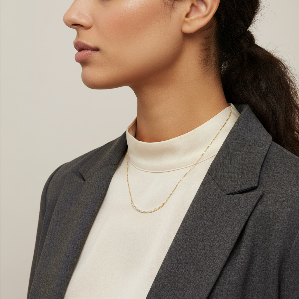 14 Karat Gold Plated Sterling Silver Curved CZ Bar Necklace, 18 Inch with 2 Inch Extension, Lobster Clasp