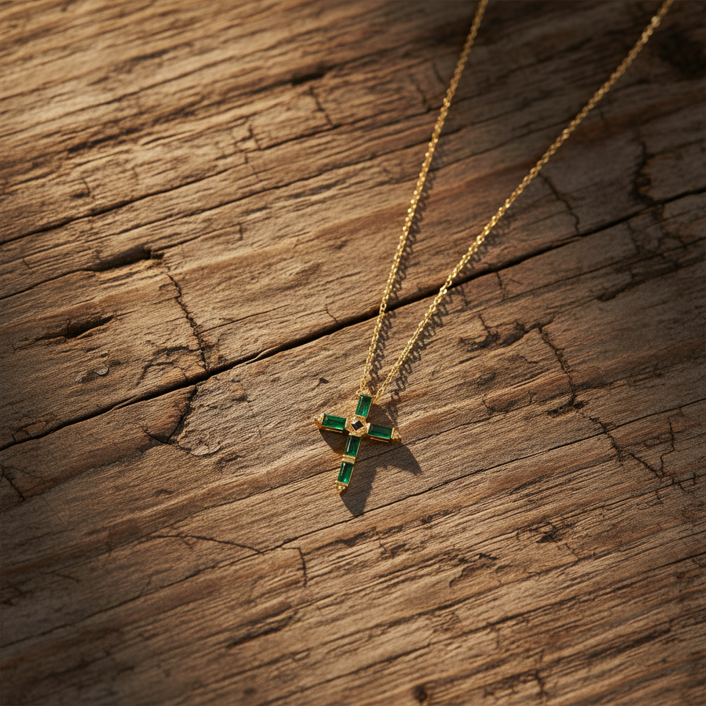Green CZ Baguette Cross Necklace 14K Gold Plated 925 Silver 20mm 16+2