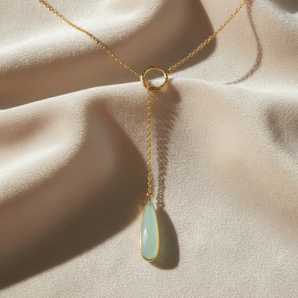 Chalcedony Drop Lariat Necklace 14K Gold Plated 925 Sterling Silver 7.5x29mm 24"