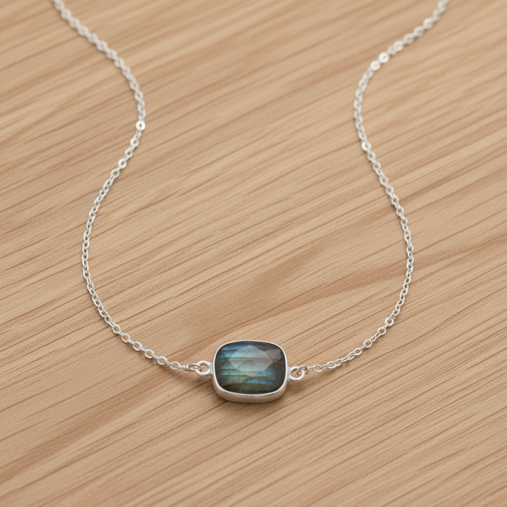 Faceted Labradorite Necklace 925 Sterling Silver 10.5x13mm 16+2 Inch