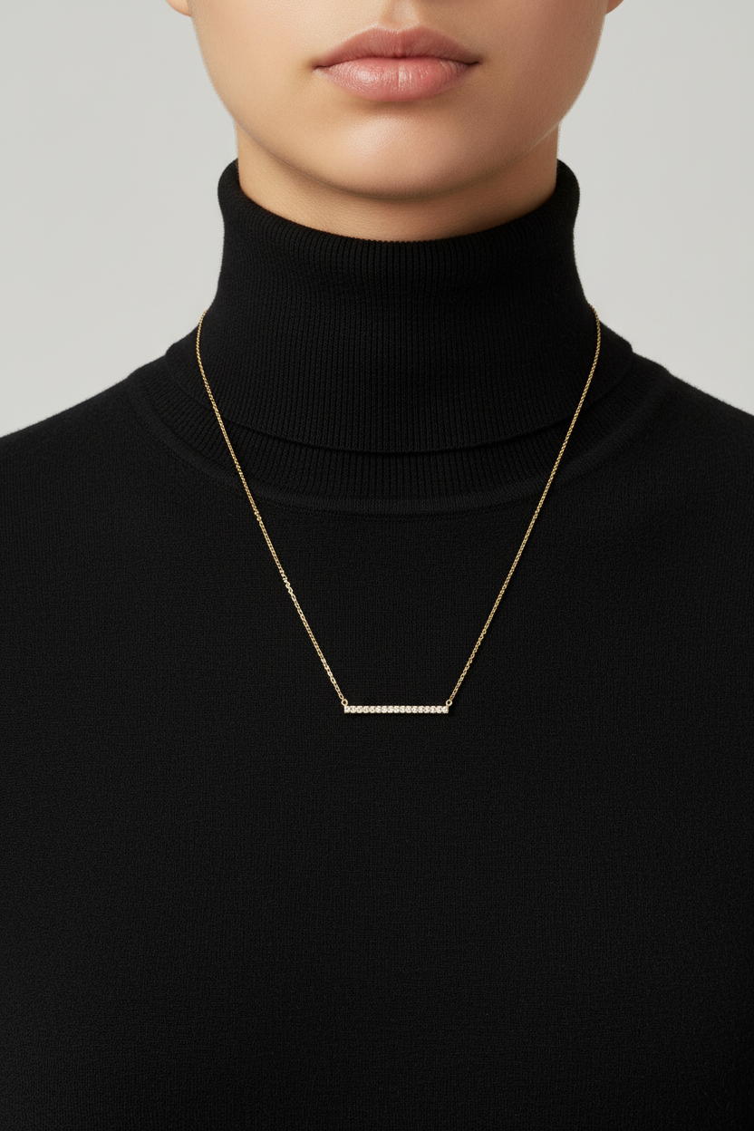 14 Karat Gold Plated Sterling Silver CZ Bar Necklace, Pendant Style, 16 Inch + 2 Inch Extension, Spring Ring Closure