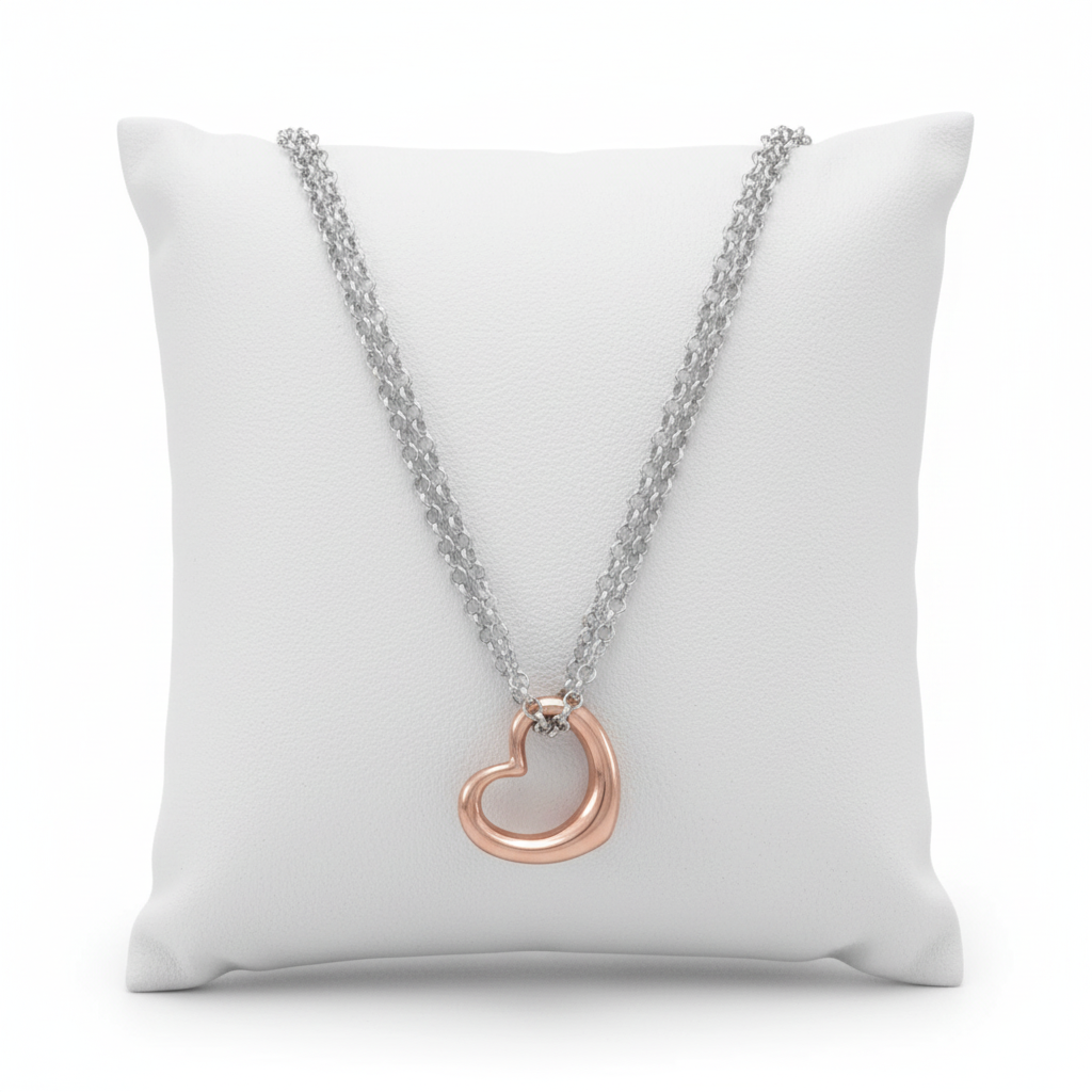 Heart Necklace - Sterling Silver Double Strand Rose Gold Pendant Italian