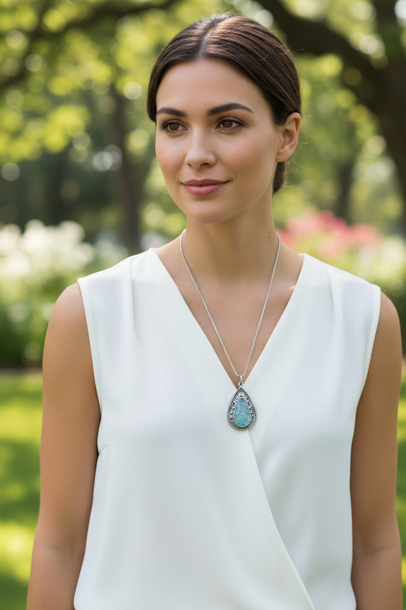 Ancient Roman Glass Necklace - Sterling Silver Oxidized Pear Cutout Pendant