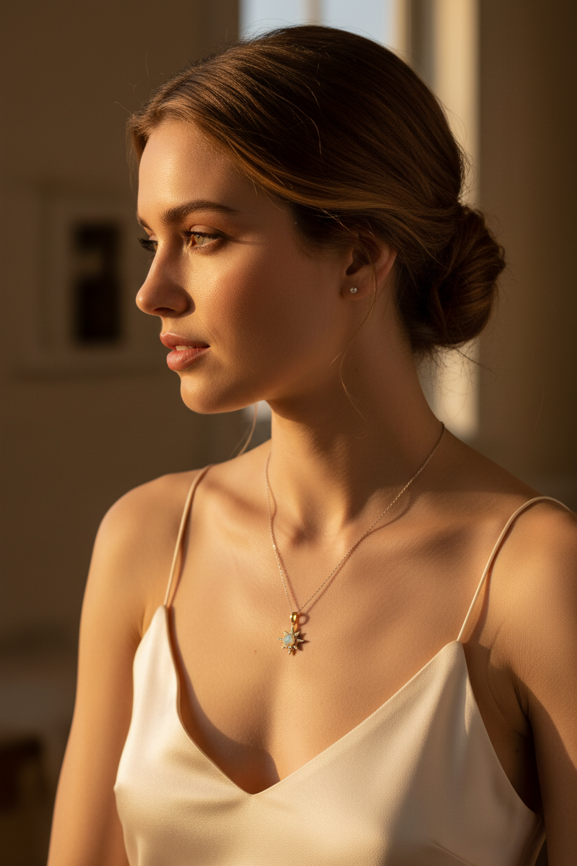 14K Gold Plated Sterling Silver North Star Necklace with CZ and Synthetic Opal, 16 Inch Chain with 2 Inch Extension