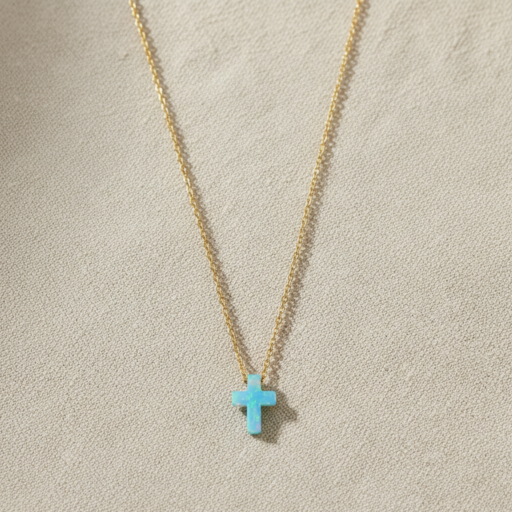 Opal Cross Necklace 14K Gold Plated 925 Silver Blue Synthetic 9mm 16+2