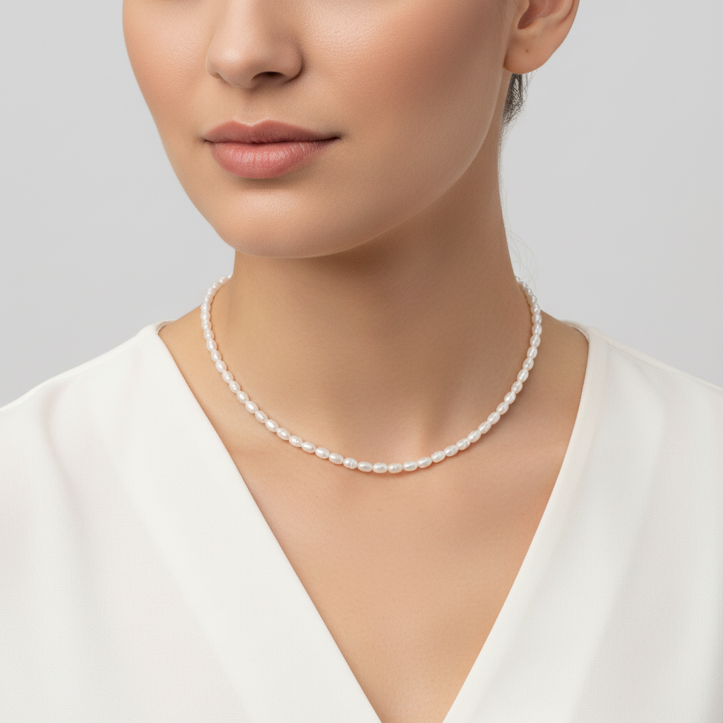 Cultured Freshwater Rice Pearl Necklace 925 Sterling Silver 3.5x5mm 13+2 Inch