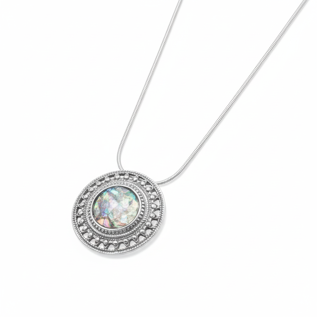 Ancient Roman Glass Necklace - Sterling Silver Rope Edge Design, 16.5" Chain, Certificate Included