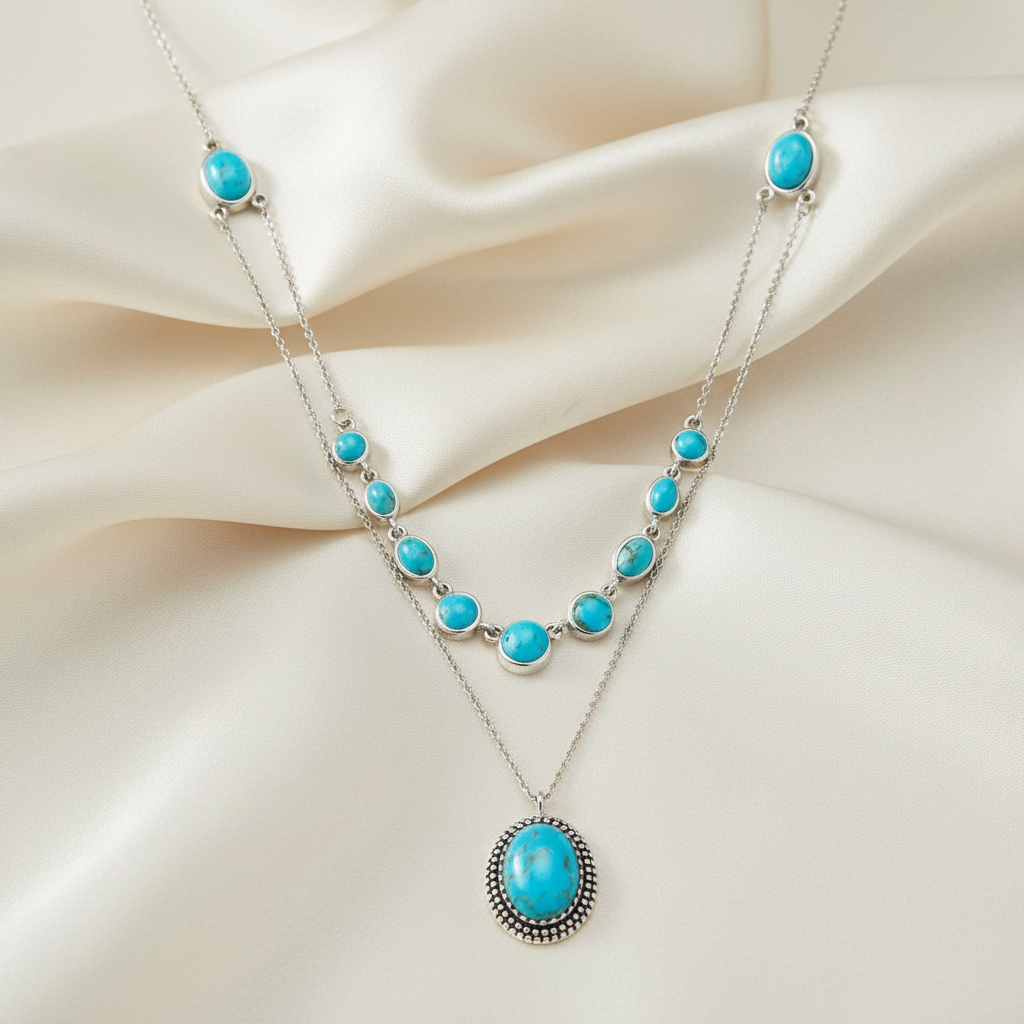 Turquoise Two Row Necklace 925 Sterling Silver Multi-Shape 10mm 18+20+2 Inch