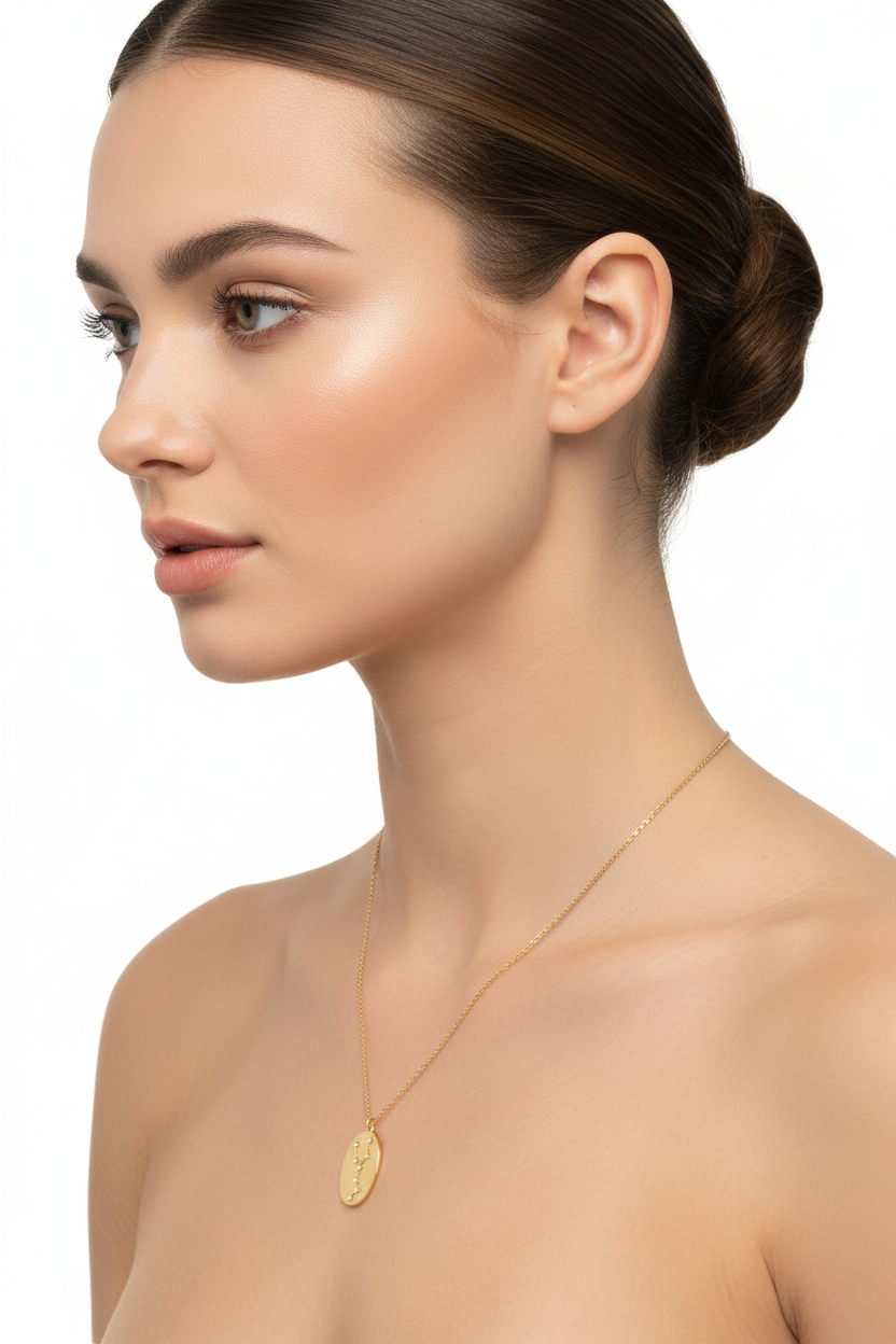 Taurus Zodiac Constellation Oval Coin Necklace, 16 Inch Chain with 2 Inch Extender
