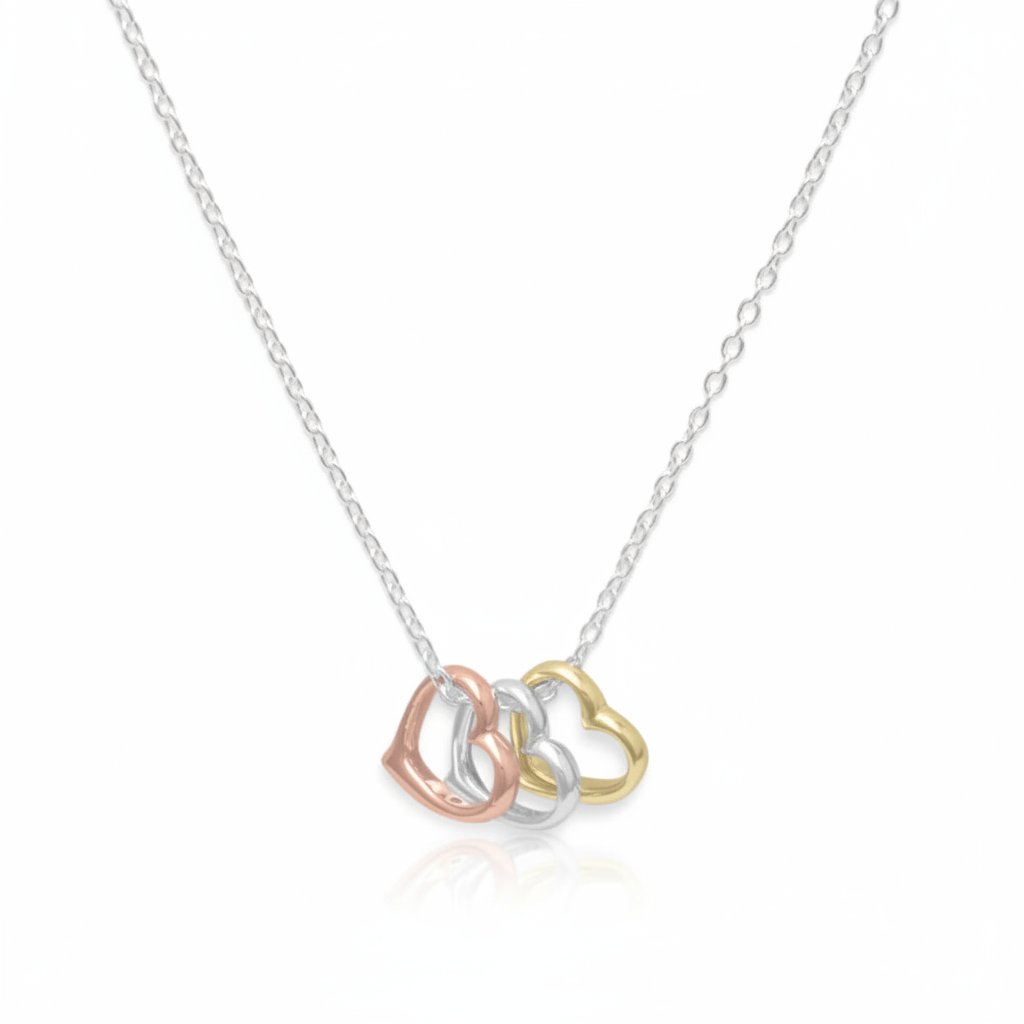 Tri Tone Heart Necklace Yellow Rose Gold Plated 925 Sterling Silver 9mm 15.75+2"