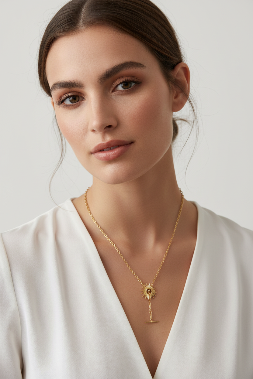 Sunburst Toggle Necklace 14K Gold Plated 925 Silver 20.5mm 16.5 Inch