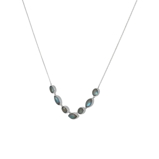 Sterling Silver Rhodium Plated Labradorite Multi-Shape Pendant Necklace, 16+2 Inch Chain, Round and Marquise Cut Stones