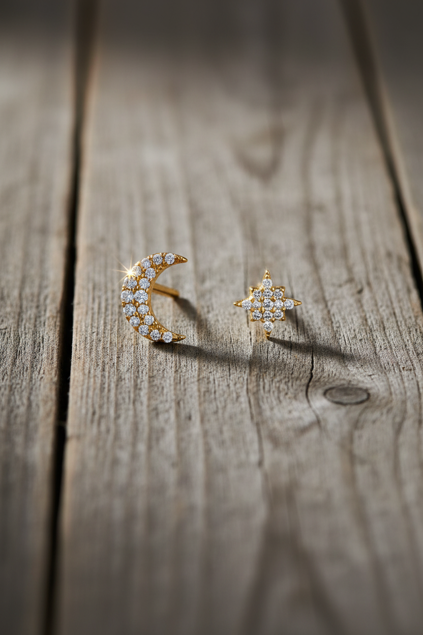 CZ Moon & Star Mismatched Stud Earrings 14K Gold Plated 925 Sterling Silver