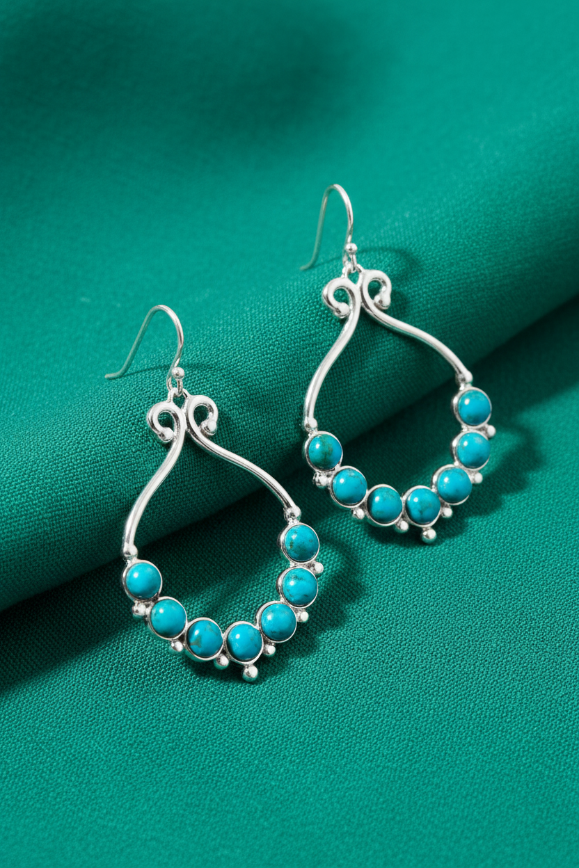 Seven-Stone Turquoise Teardrop Dangle Earrings Polished 925 Sterling Silver 58mm