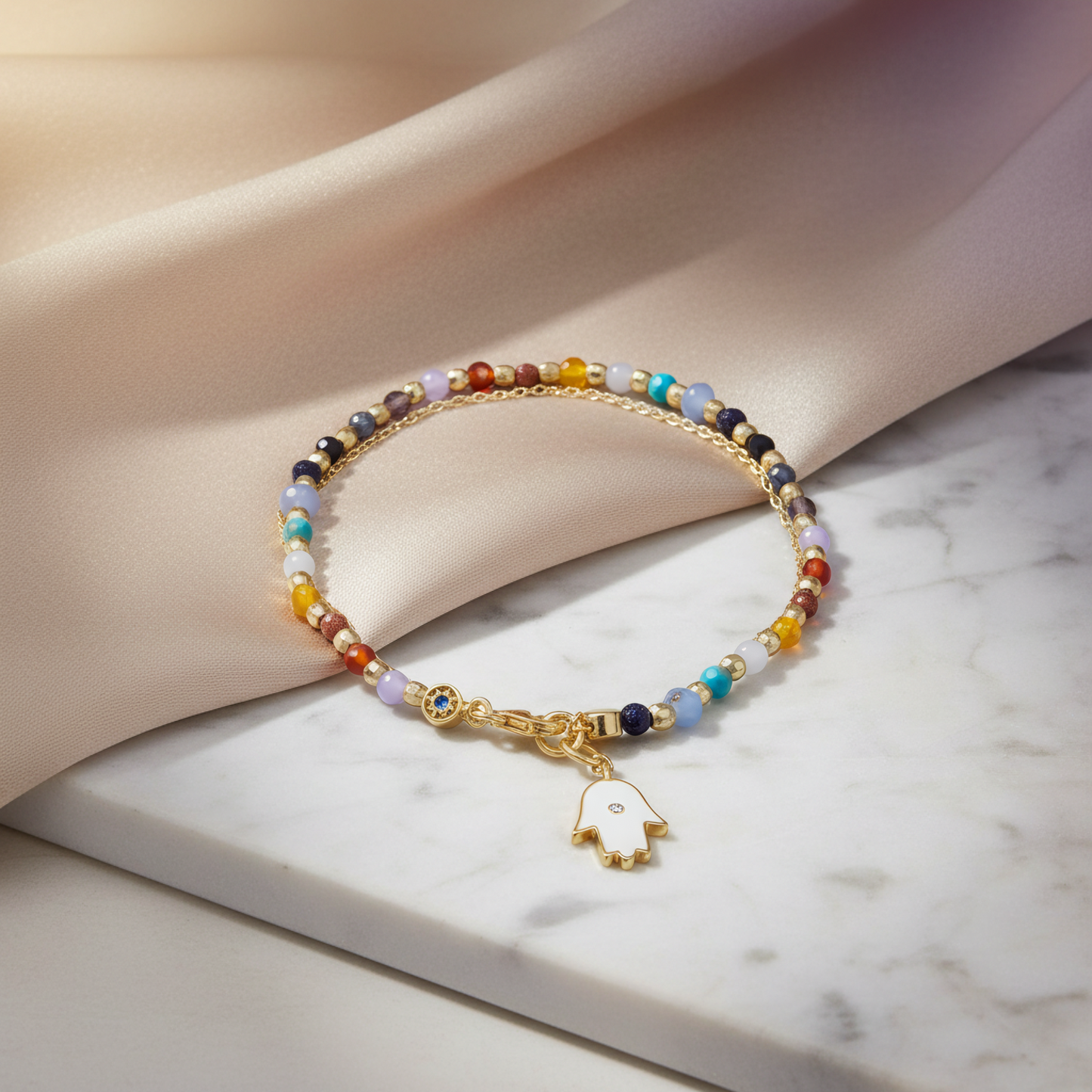 Chakra Stone Hamsa Charm Bracelet 14K Gold Plated 925 Silver Double Strand 7in