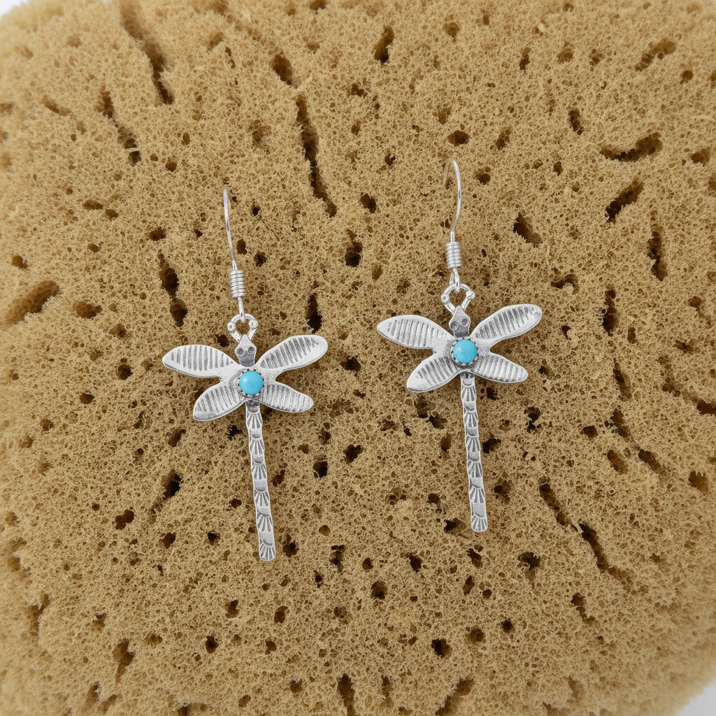 Navajo Turquoise Dragonfly Earrings 925 Sterling Silver by Lee Sandoval USA