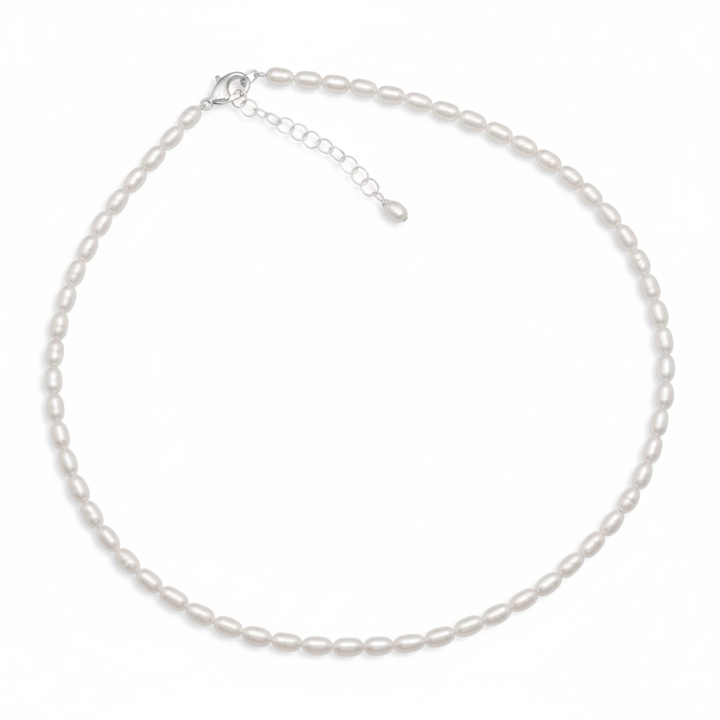 Cultured Freshwater Rice Pearl Necklace 925 Sterling Silver 3.5x5mm 13+2 Inch