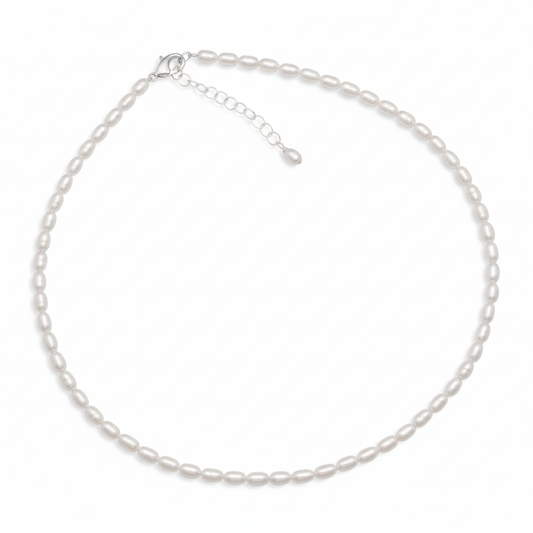 Cultured Freshwater Rice Pearl Necklace 925 Sterling Silver 3.5x5mm 13+2 Inch
