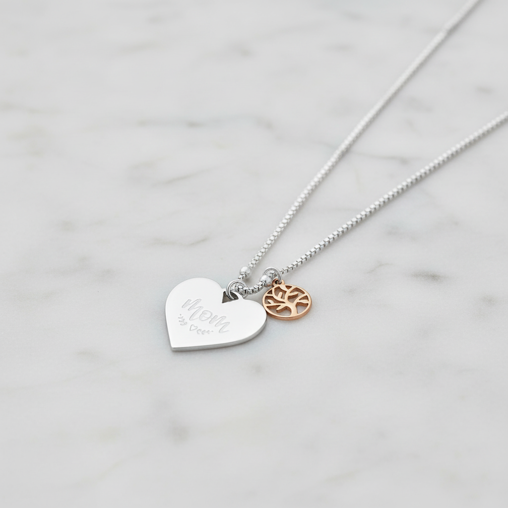 Sterling Silver Mom Heart and Family Tree Charm Necklace, 16+2 Inch Chain, Rose Gold Plated Accents, Spring Ring Closure