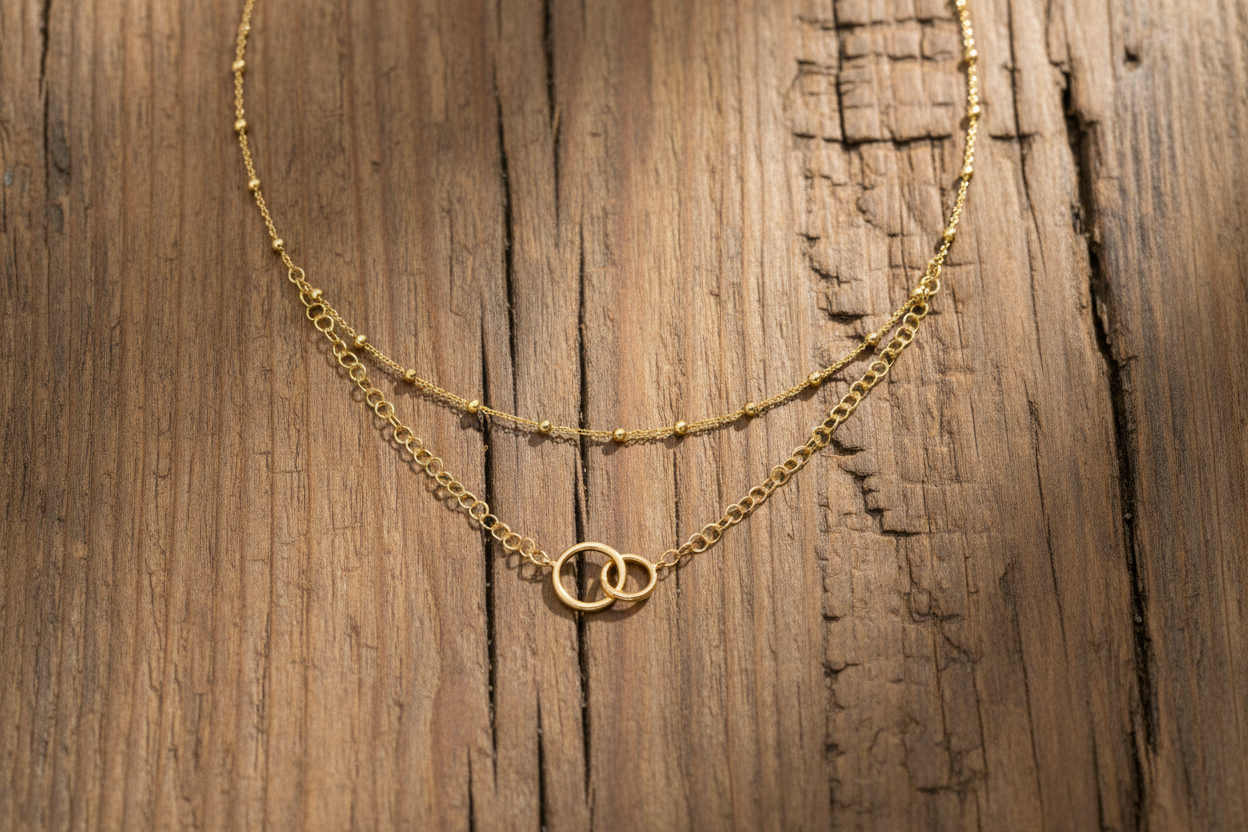 Multistrand Beaded Circle Necklace 14K Gold Plated 925 Sterling Silver 16 Inch