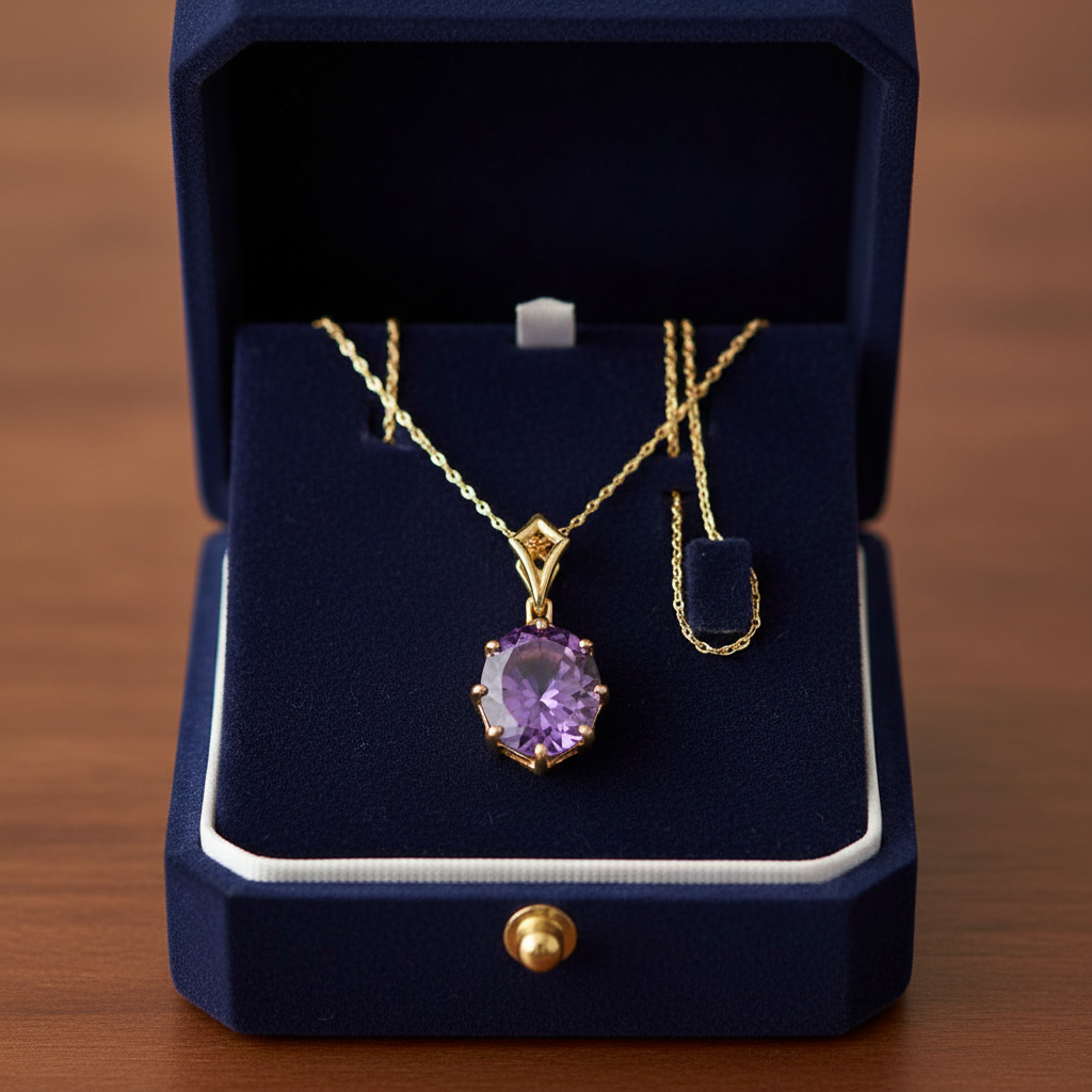 Amethyst Necklace 14K Gold Openwork Pendant 12x10mm 18 Inch Gift Box