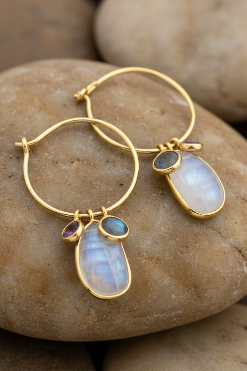 Moonstone Labradorite Amethyst Hoop Earrings 14K Gold Plated 925 Silver 19mm