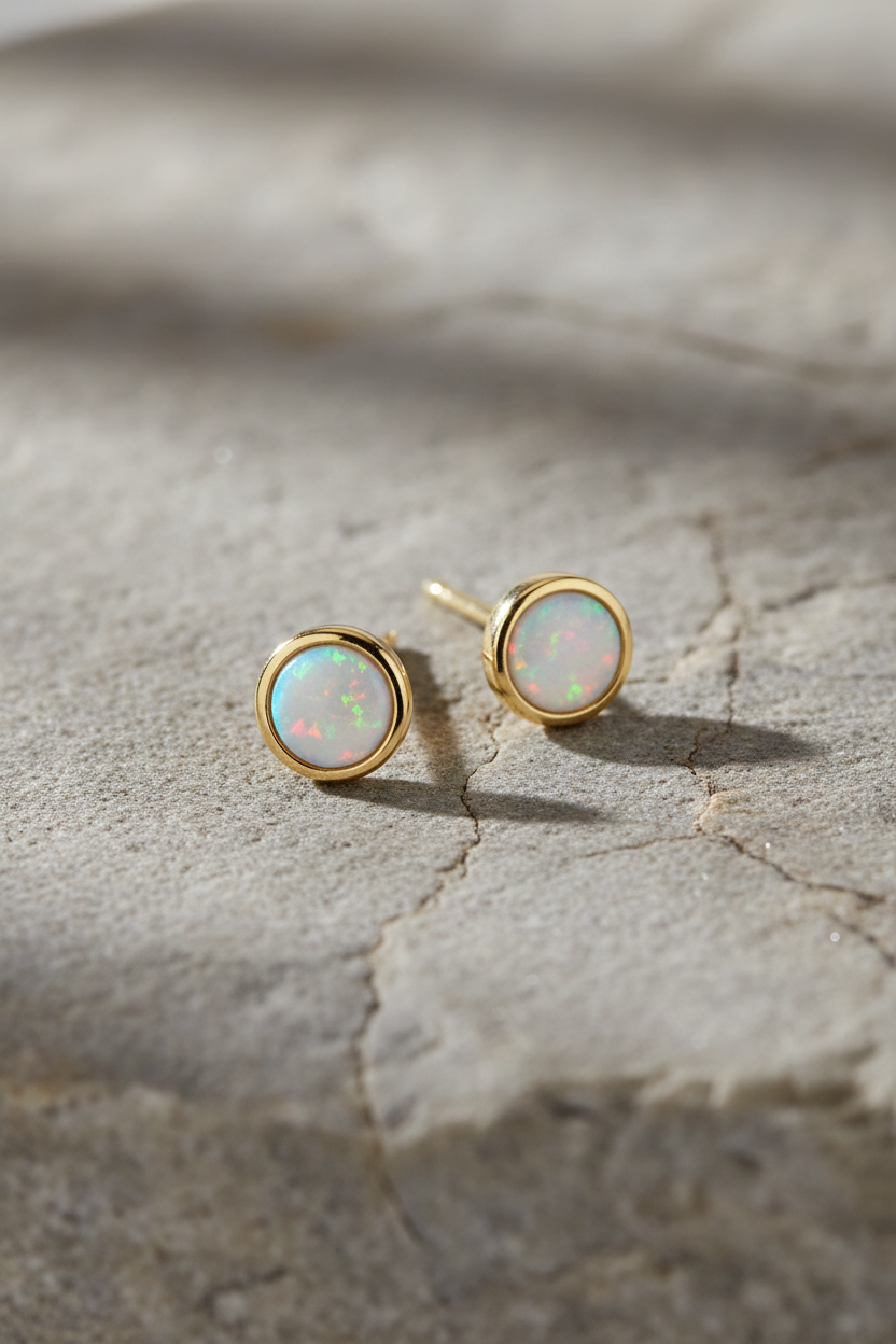 Synthetic White Opal Round Stud Earrings 14K Gold Plated 925 Sterling Silver 4.5mm