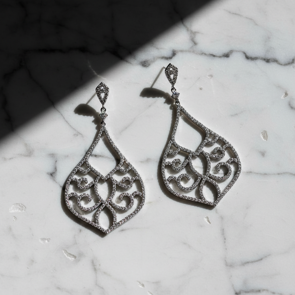 Arabesque Chandelier Earrings - Rhodium Sterling Silver with Ornate CZ Design
