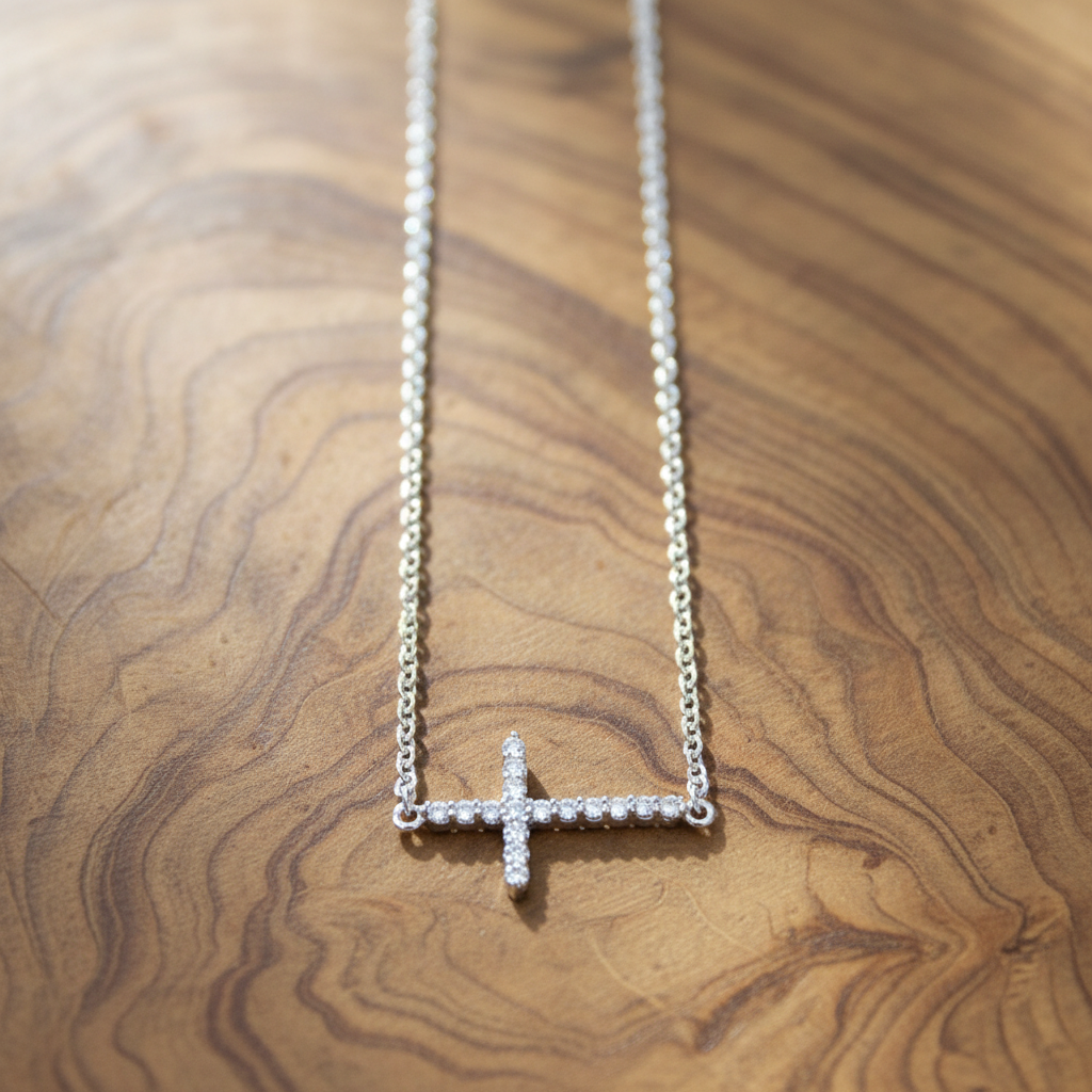 Sterling Silver Sideways Cross Necklace, Rhodium Plated, CZ, 16 Inch Chain with 2 Inch Extension