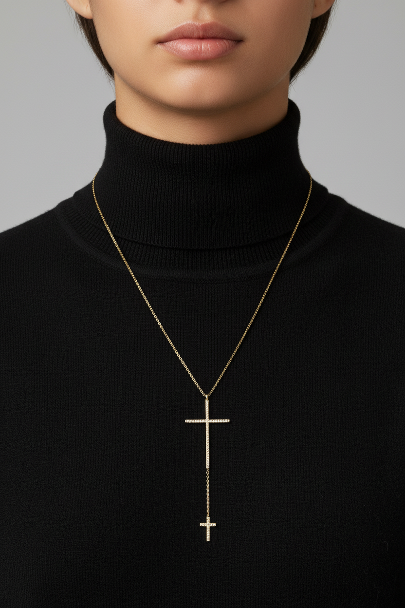 14 Karat Gold Plated Sterling Silver Necklace with Double CZ Cross Drop, 24 Inch Chain, Lobster Clasp